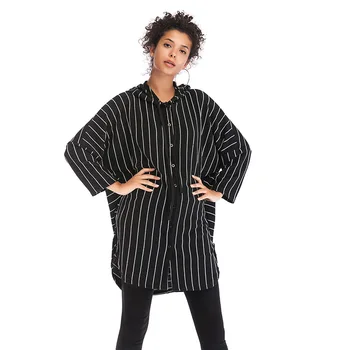 

Women Long Striped Shirts 2019 Spring New Fashion Long Sleeve Hooded Collar Blouse Casual Loose Large Size Tops Female Clothing
