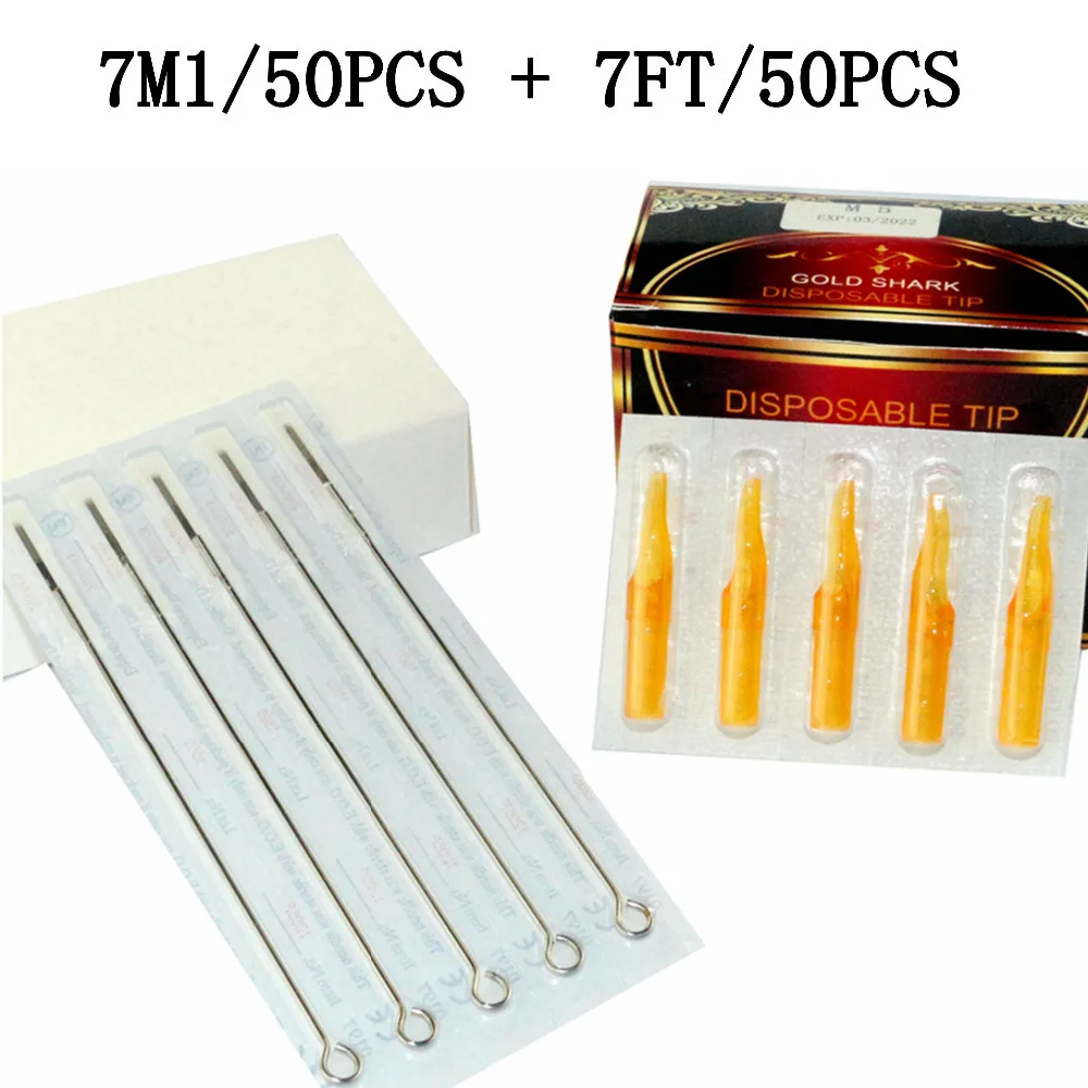 (7M1+7FT)Tattoo Kits 50PCS Disposable Tattoo Needle 7M1 & 50PCS Yellow