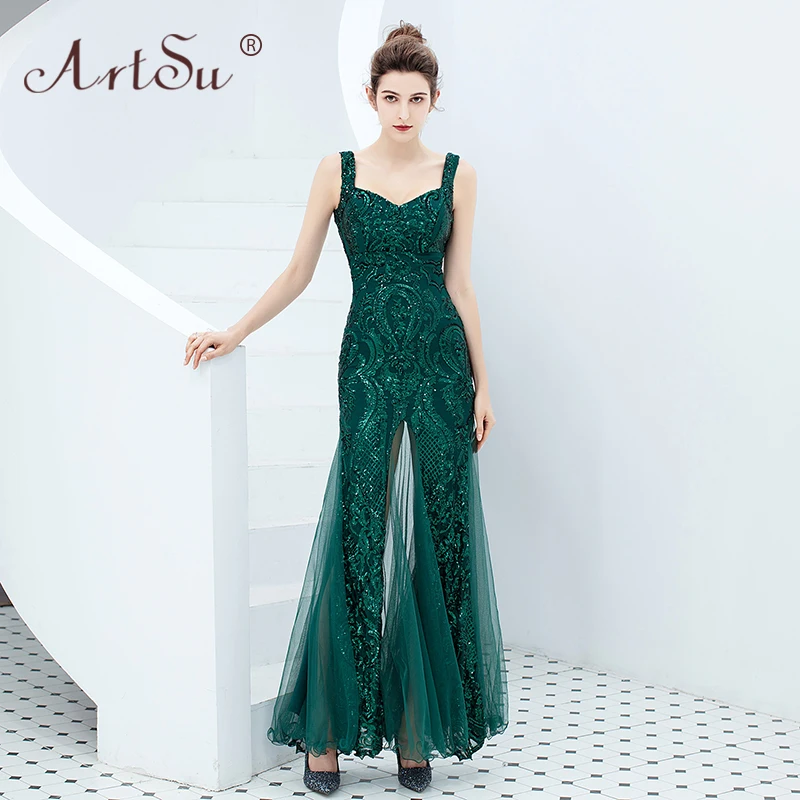 

ArtSu Women Black Fashion Patchwork Mesh Sequins Beading Mermaid Party Dresses Sleeveless Prom Gown Sexy Long Robe De Soiree