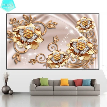 

PSHINY 5D DIY Diamond embroidery sale Gold Flowers Full Round rhinestones pictures decoration home Diamond Painting New arrivals