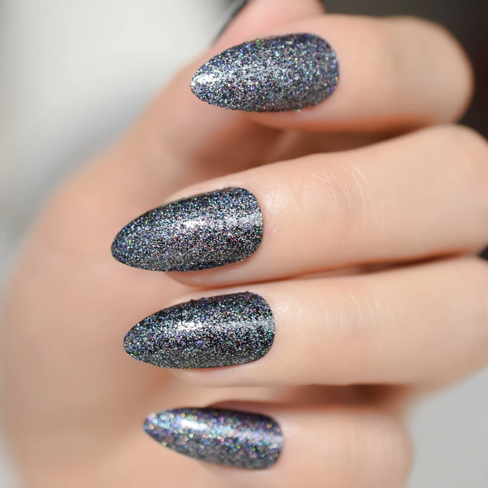 

Holo Laser Glitter Black Stiletto Fake False Nails Almond Pointed Press on Nail Tips Colorful Shimmer Full Cover Finger Wear