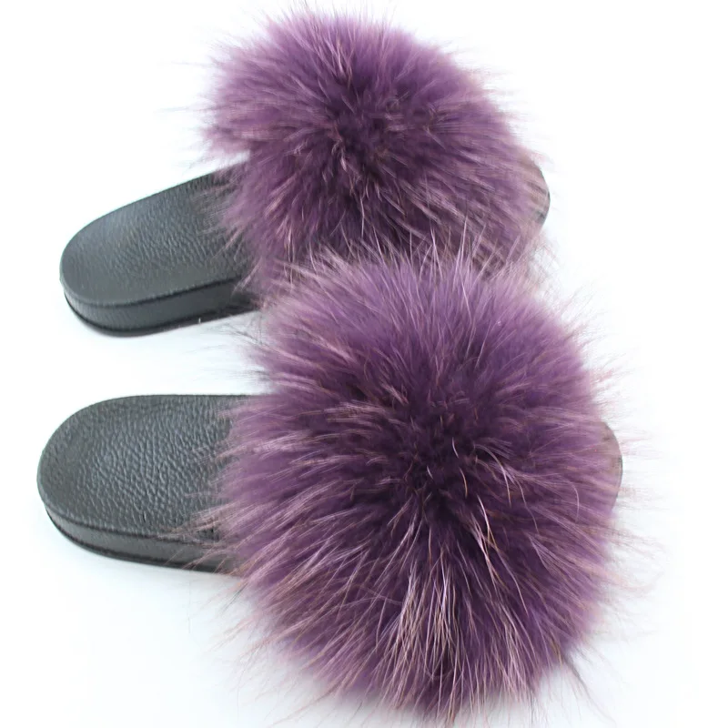 Г., новые женские меховые тапочки Роскошные пляжные сандалии с натуральным мехом енота тапочки пушистые удобные меховые вьетнамки - Цвет: Фиолетовый