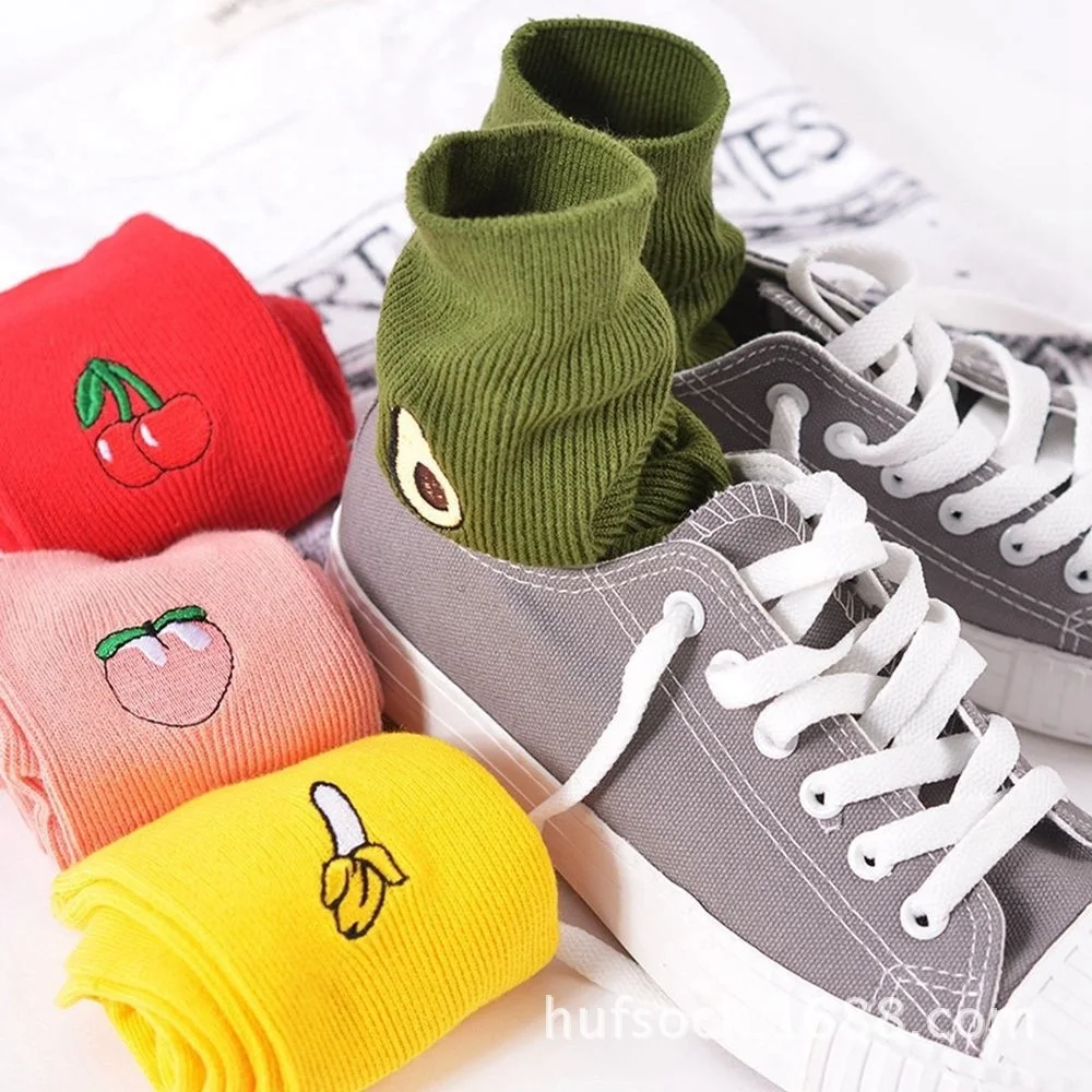 

Korean Women's Kawaii Embroidery Fruit Knee Socks Cute Female Avocado Banana Cherry Peach Cartoon Long Sock Pink Cotton Sock