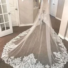 Элегантный фаты 3 метров в длину собор Длина кружевная Апликация реальное изображение фатин Свадебная Фата с расческой