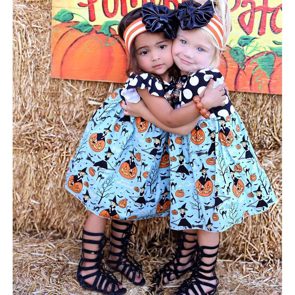 

Halloween Summer Kids Girls Clothes Girls Dress Pumpkin Cartoon Princess Dress Sleeve O-neck Dress 2-6T
