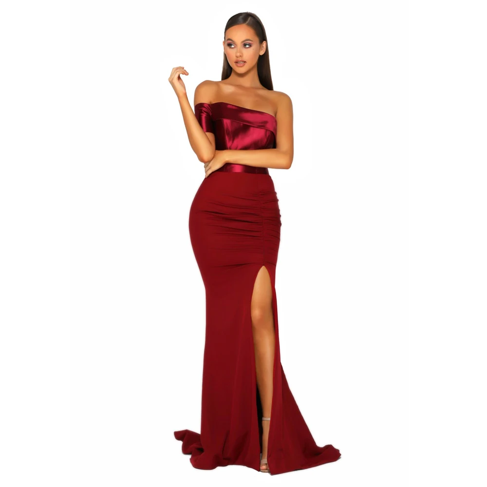 

One Shoulder Slash Neck Maxi Dress Split Leg Pleated Single Sleeve Backless Mermaid Dress Floor Length Burgundy Dress