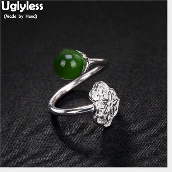 

Uglyless Real 925 Sterling Silver Natural Green Jade Ball Open Rings for Women Jasper Finger Ring Handmade Carved Flower Jewelry