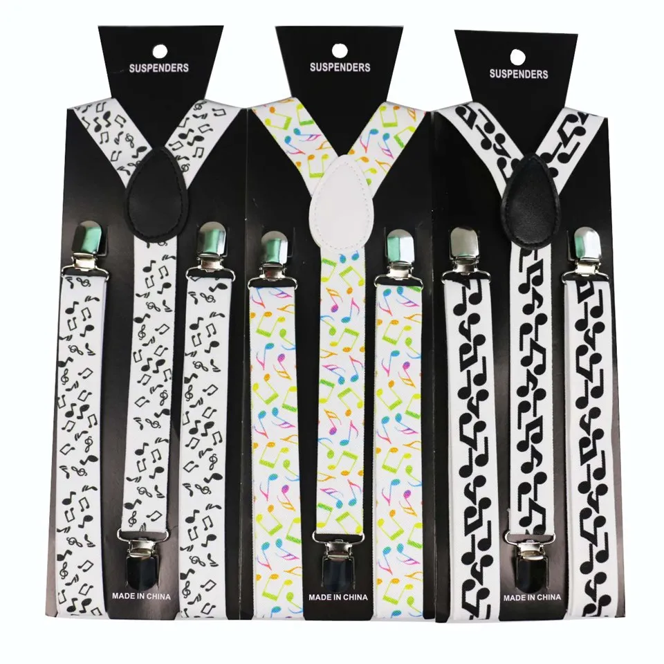 

Winfox Fashion 2.5cm Wide Black White Musical Note Suspenders For Women Men Elastic Braces Brace Pants