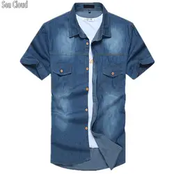 82 мужская летняя джинсовая рубашка с короткими рукавами Топ Тонкий отложной воротник свободный однобортный пальто Плюс Размер