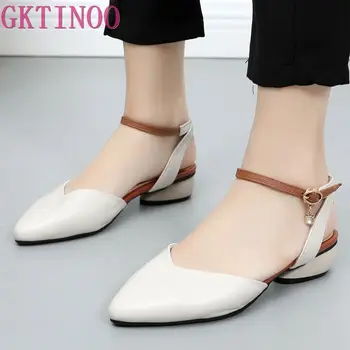 

GKTINOO 2020 Buckle Strap Women Sandals Pointed Toe Summer Shoes Thick Heels Women Sandals Soft Genuine Leather Big Size Shoes