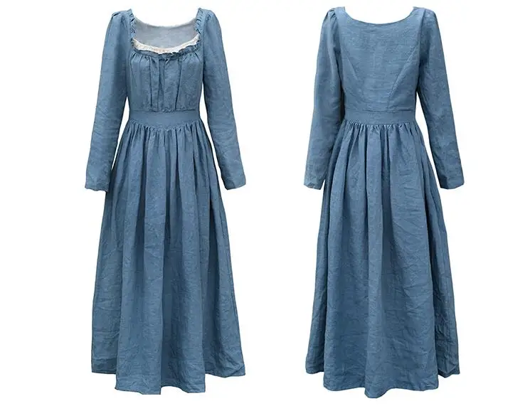 

Jessica's Store Spring Autumn New Women French Vintage Court Style Square Collar Long Sleeve 100%Linen Cinderella Long Dress