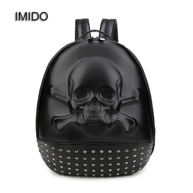 

IMIDO New 2018 Fashion Personality 3D Skull Leather Backpack for Men Women Rivets School Bags Unisex Designer Travel Bag SLD107