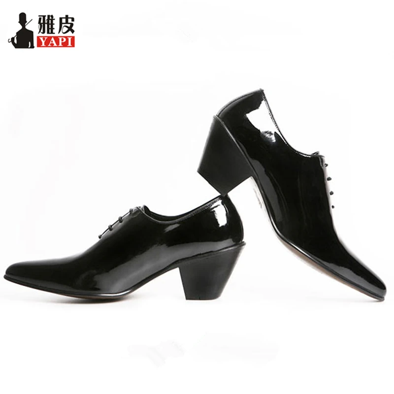 Mens Patent Leather Lace Up Height Increasing Shoes Designer Pointed Toe High Heel Shoes Casual Oxfords Heighten Shoes