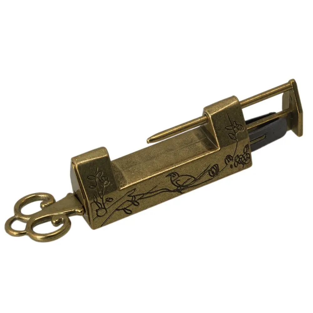 

Vintage Antique Bronzy Chinese Old Style Zinc Alloy Bird Flower Leaf Carved Padlock Key Lock