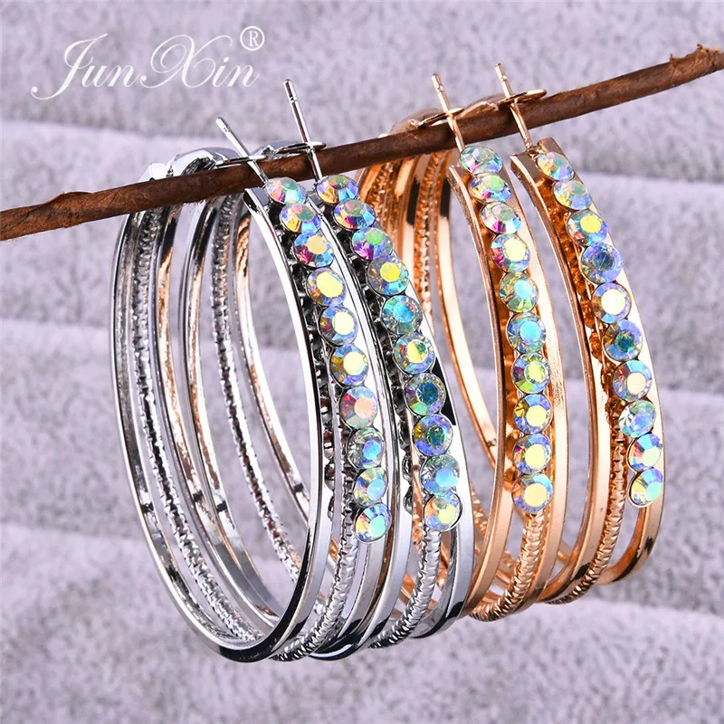 

JUNXIN Vintage Rainbow Crystal Hoop Earrings For Women Silver/Gold Color Big Circle Round Rhinestone Earrings Female Wedding