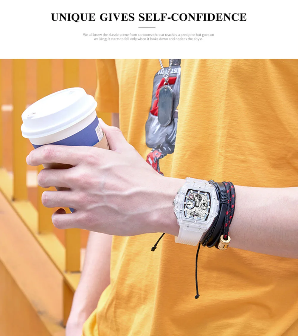 Уникальный творческий прозрачный Силиконовые часы Для мужчин Для женщин 24-х часовой стрелки маленького циферблата модные спортивные классные Для мужчин кварцевые часы календарь onola