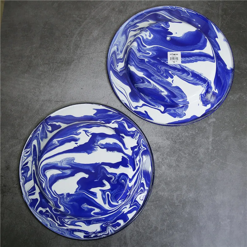 Синяя мраморная тарелка для завтрака, толстая эмалированная плоская тарелка, тарелка для ювелирных изделий