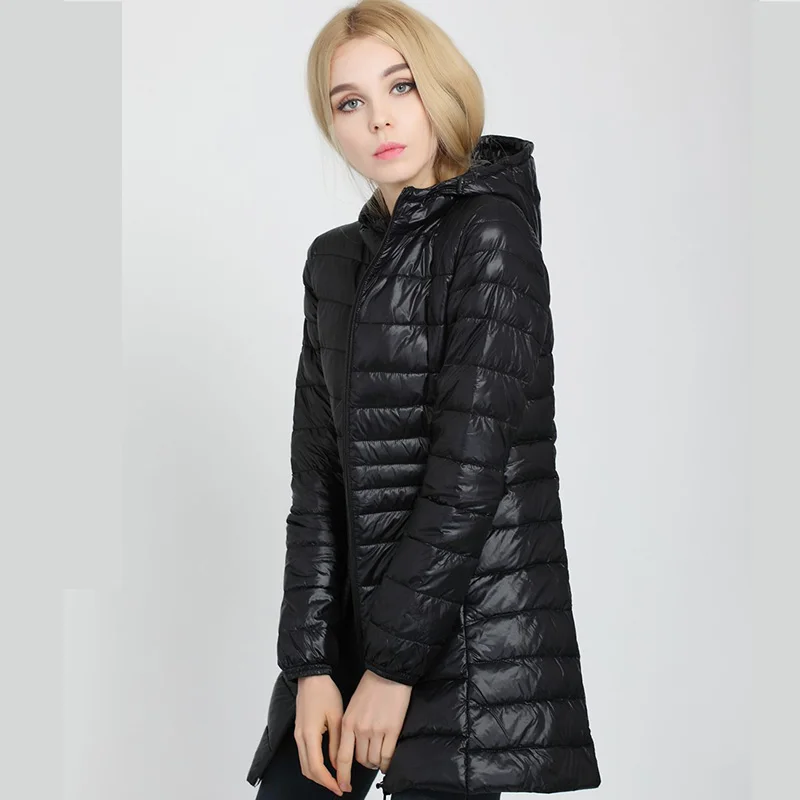 

Woman Winter Warm Coat Ultra Light Duck Down Jacket Long Female Overcoat Slim Solid Hooded Lightweight Down Portable Parkas