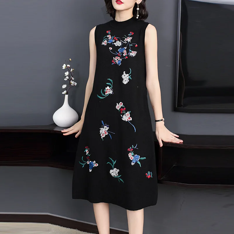 

Spring 2018 New Elegant embroidery knitting Loose ladies dress plus size women Vintage Flower Dress Sleeveless Party dresses