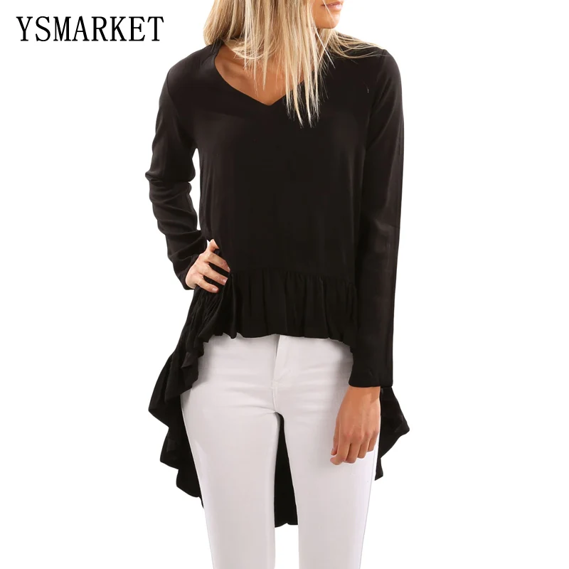 Blusa mulheres Preto V Neck Mais Babados Hemline Volta Mangas Compridas Top Camisa Solta Streetwear Moda Primavera E250300