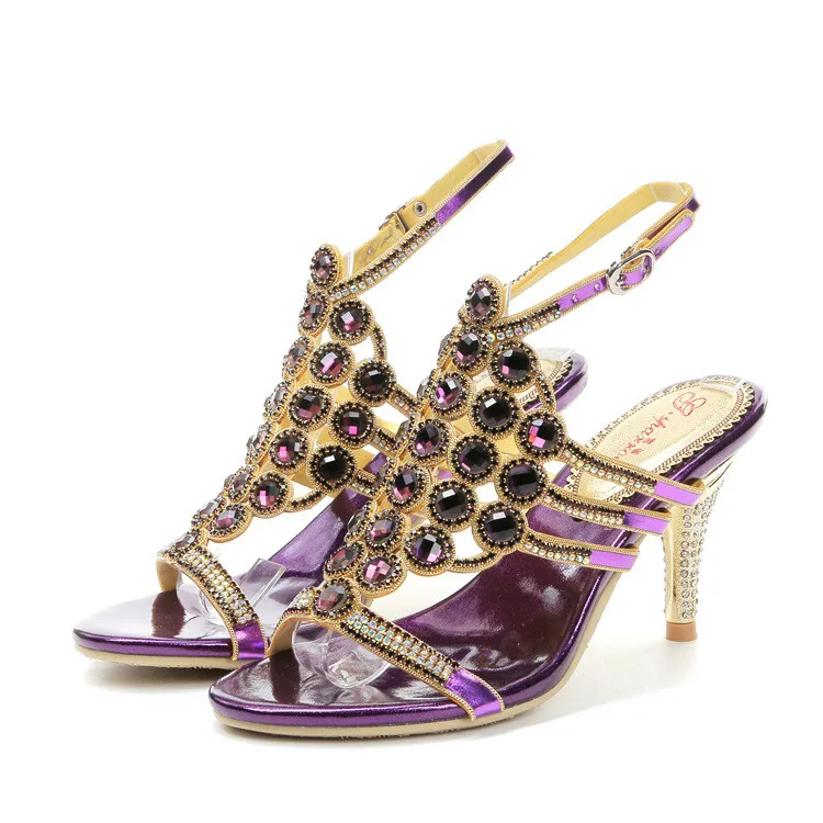 Summer New 2016 T-belt Buckle Diamond Crystal Purple Wedding Shoes For Bride High Heel Stilettos Sandals High Quality-6