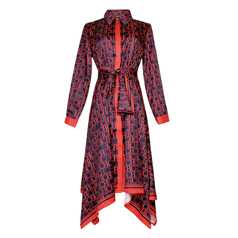 Beste VERDEJULIAY Luxe Letters Gedrukt Jurken 2019 Zomer Runway Lange Mouwen jurk Turn down kraag Onregelmatige Shirt Jurk Vrouwen XXL