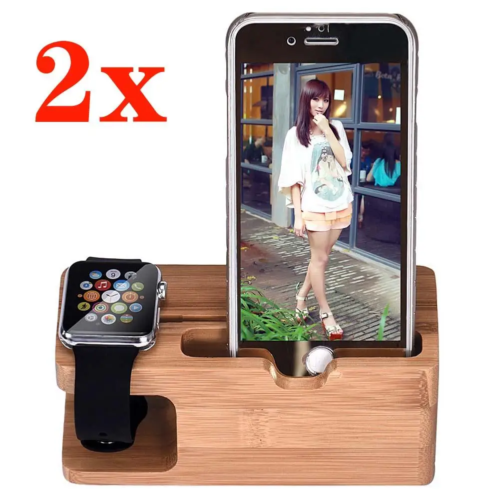 2PCS Phone Holder Charger Dock Bamboo Holder Desk Wood Charging Stand