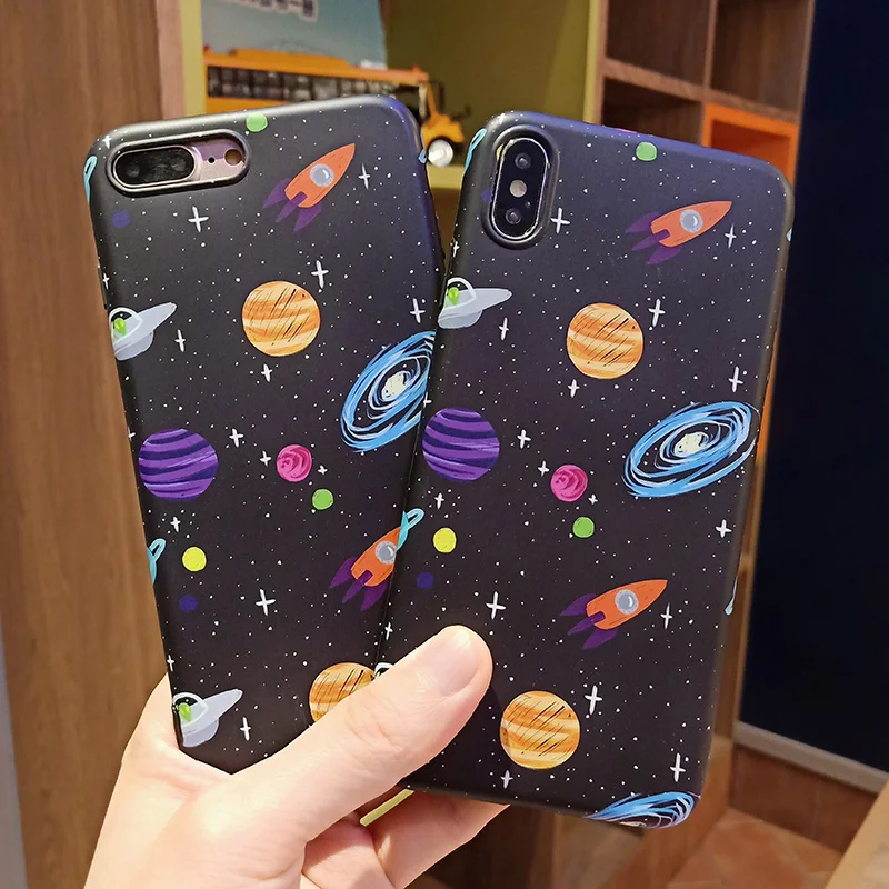 

Black Universe Planet Case for iPhone X XS Max XR Matte Soft Silicon Cover for iPhone 8 7 6 6S Plus Moon Stars Rocket Cases
