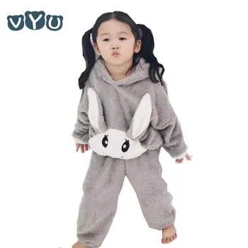 

2018 Kids Girls Set Chuldren Pajamas Warm Velvet Rabbit Hooded Sweatshirt+ Long Pants 2 Pieces Set Kids Sleepwear Clothing set