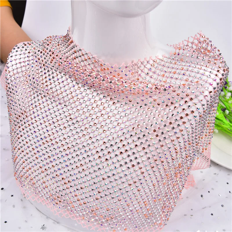 

39*24cm SS12 Shiny Black AB Glass Rhinestone pink red Mesh Fabric Stretch Sewing Crystal Trimming Ribbon Diamond Strass Applique