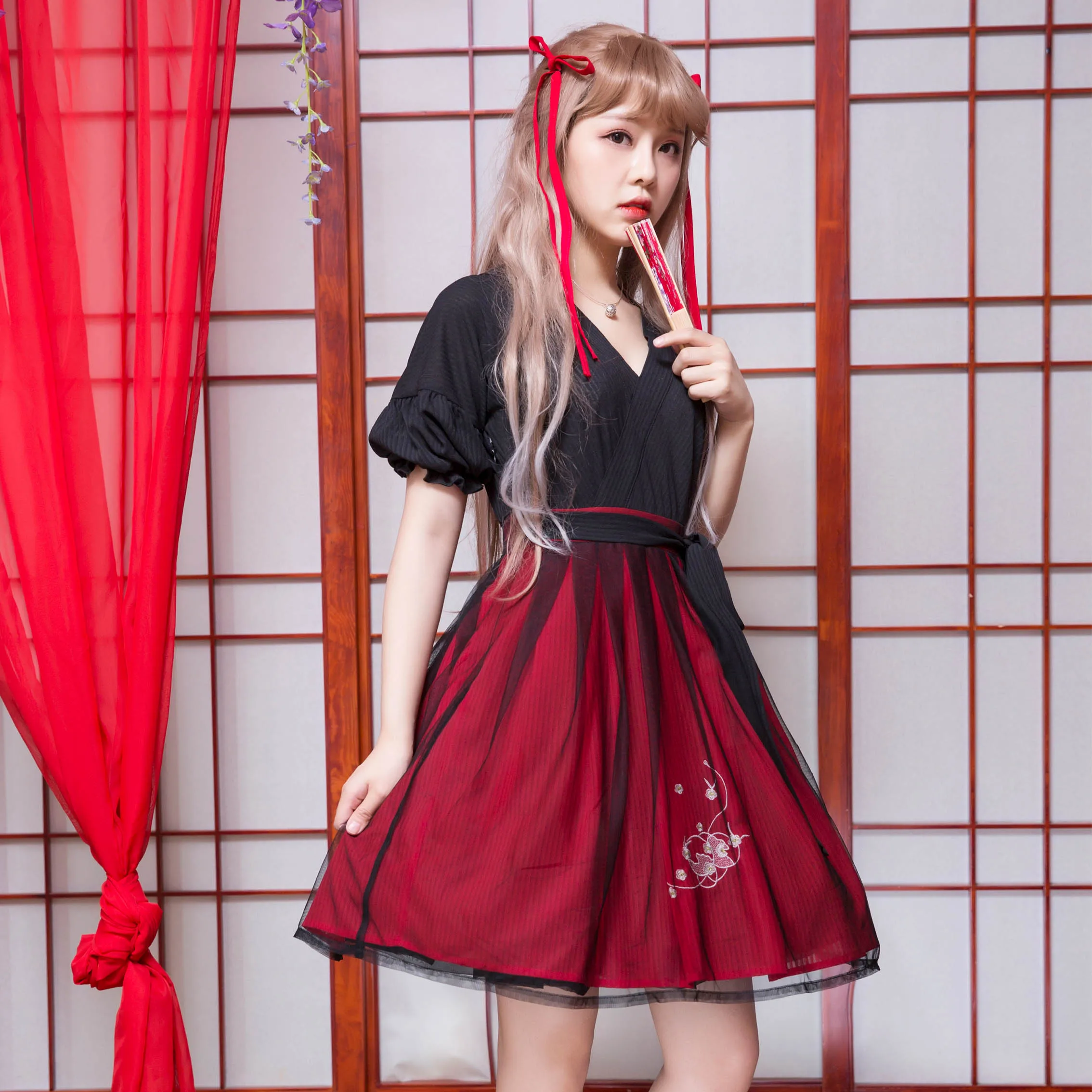 Ling Long Tou(изысканные кости)-Элегантное китайское традиционное Hanfu черное+ красное платье Han Element, цельнокроеное платье с короткими рукавами