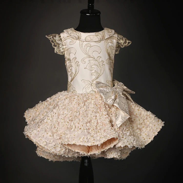

Luxury Kid Dresses Gold lines Embroidery Party Front Short Back Long Bowknot Flower Girls Dresses Flower Appliques Summer