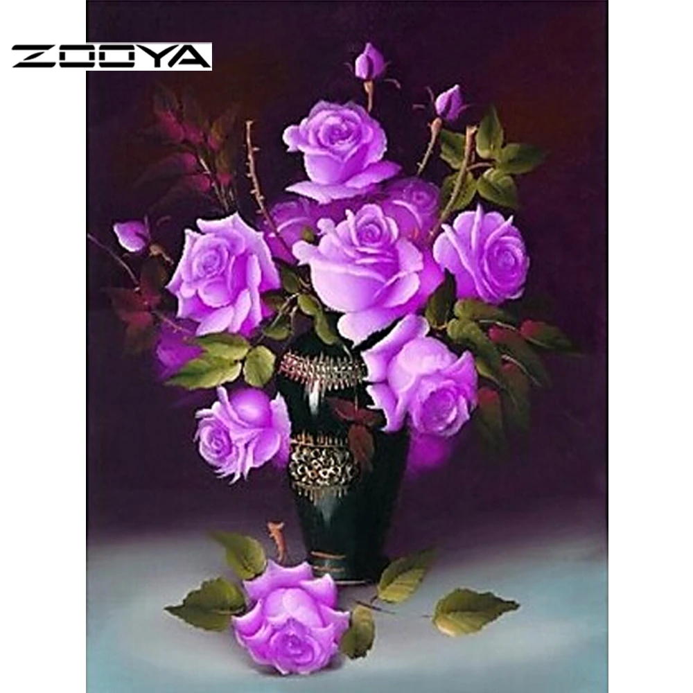 

ZOOYA DIY 3d Diamond Painting Full Drill Diamond Painting Purple Flower Vase Round Diamond Painting Images Home Decor RF648