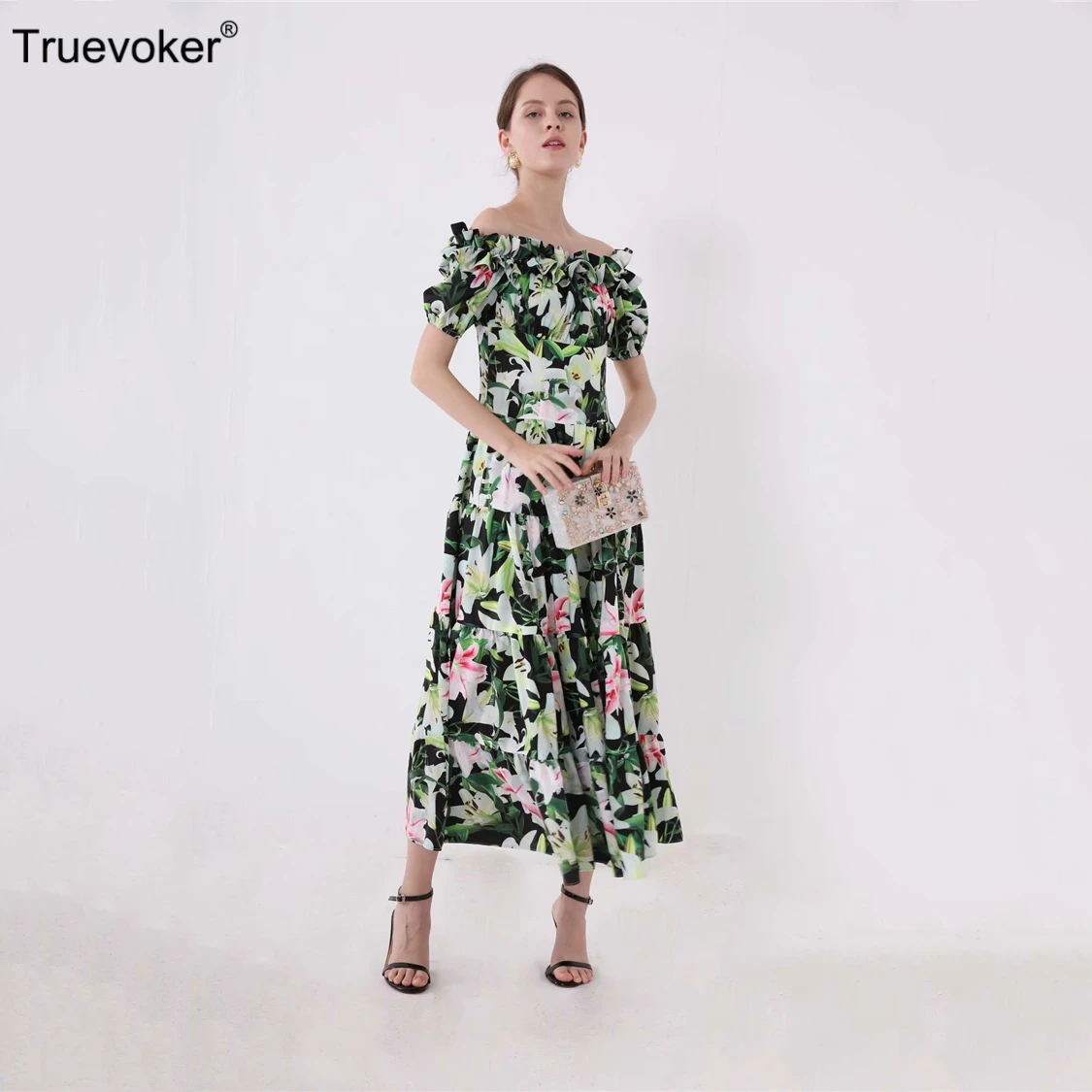 

Truevoker Designer Boutique Dresses Women's High Quality Cute Off The Shoulder Green Printed Midi Calf Party Vestidoes