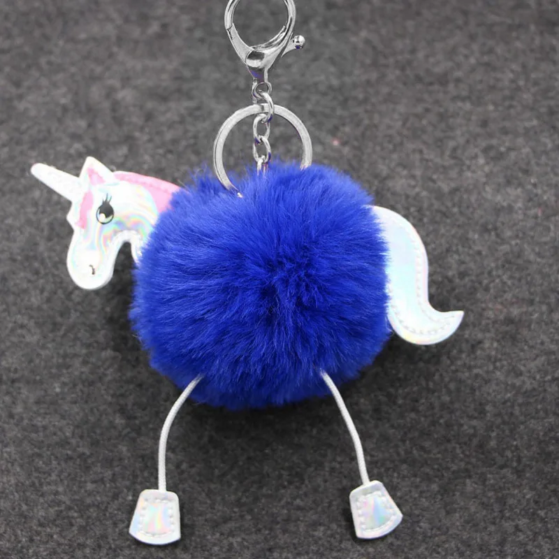 Милый пушистый меховой помпон Единорог брелок для Для женщин искусственного меха кролика мяч Pom лошадь Брелки Женская сумка Подвески брелок подарок - Цвет: Blue