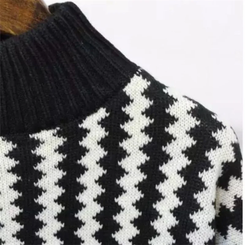 Women Turtleneck Sweaters Knitted Black White Striped Lantern Sleeve Oversized Pullover Luxury Casual Winter Sweater