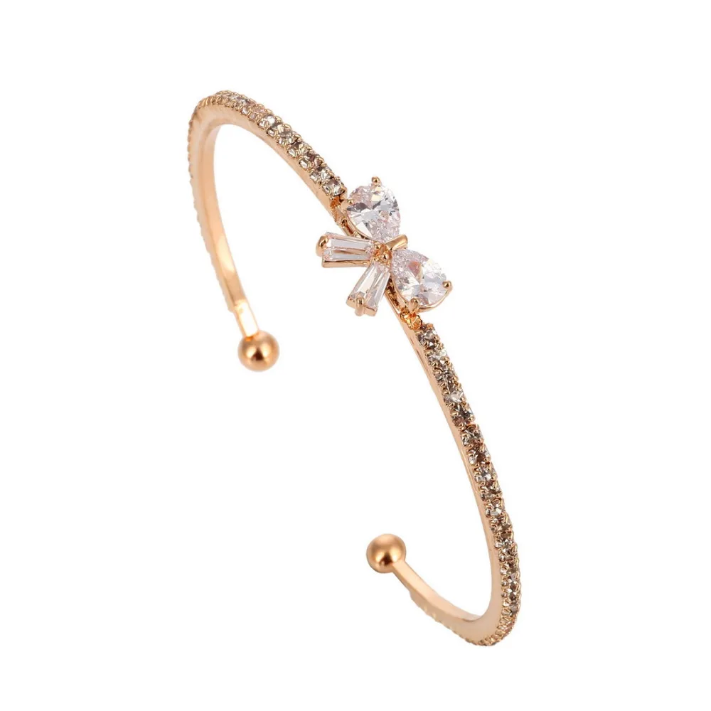 Romantic Golden Plated Cuff Bracelet Delicate Crystal Bowknot Design