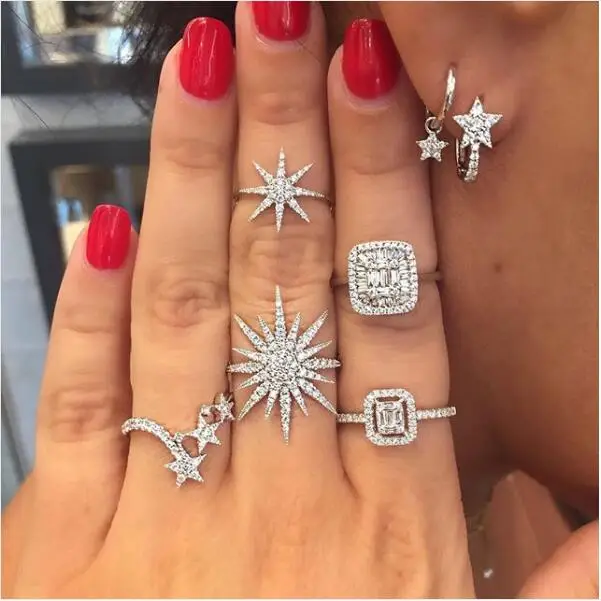

2018 silver color clear cubic zirconia delicate star charm north star sun burst open adjust knuckle mini women jewelry ring