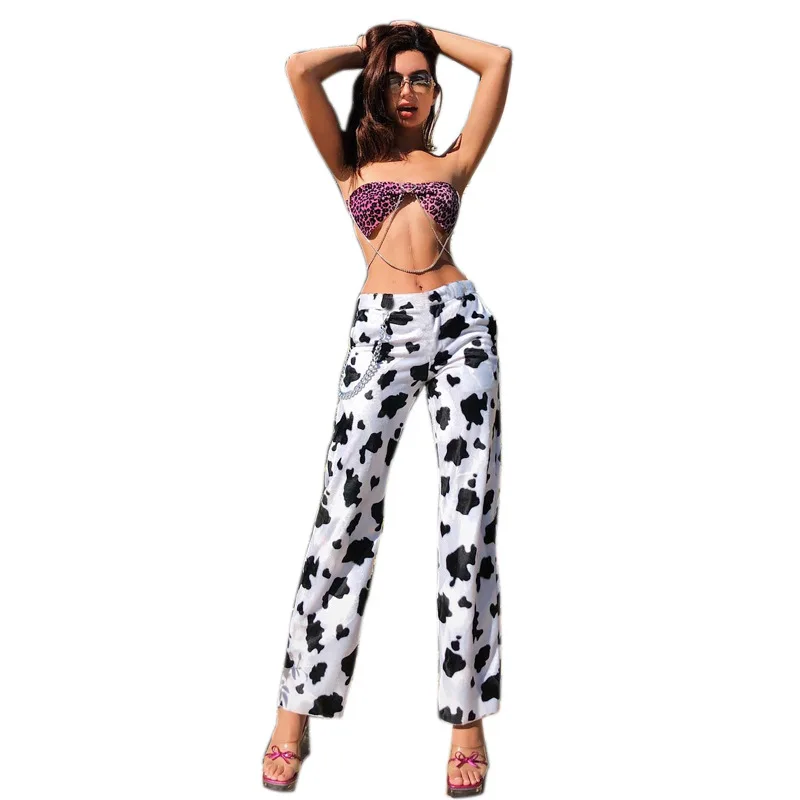 

High Waist Sweat Pants Women Clothing Fashion Spring Autumn Casual Milk Cow Print Straight Pants Loose Long Trousers Capris