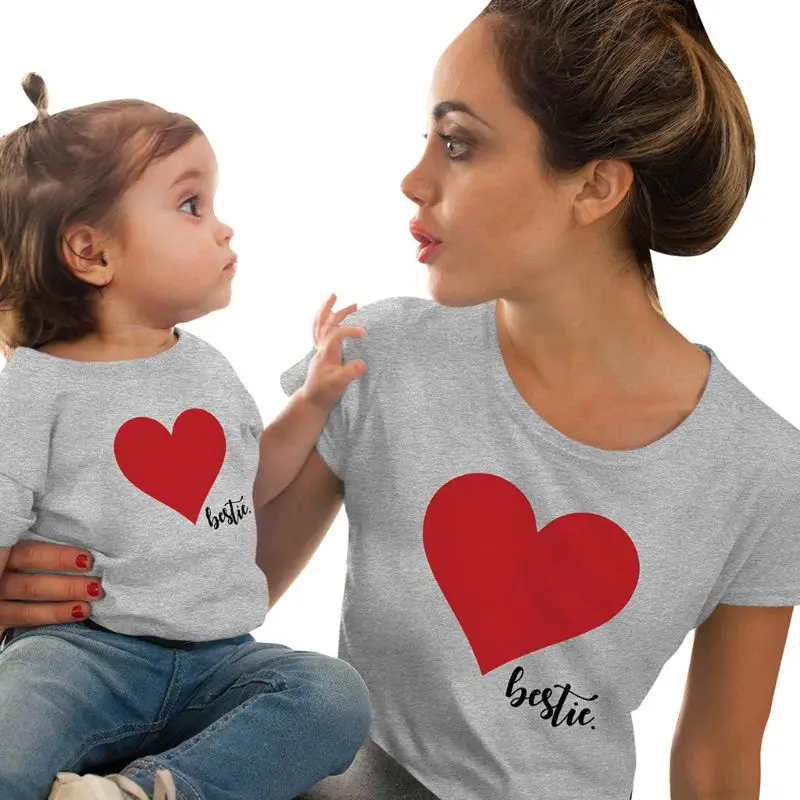 

Family Matching Mother And Daughter Boy Heart Printed Cotton T Shirt Tops Tee