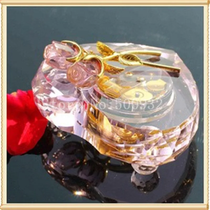 

Free Shipping 13*13*3cm K9 AAA crystal material pink crystal music box for hot selling gift