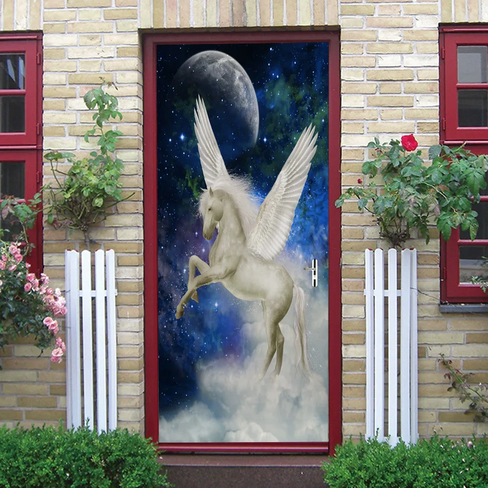 

New 3D Door Sticker Creative Sky White Pegasus DIY Waterproof Self adhesive PVC Art Wall Mural Door Decor Paste Home Decoration