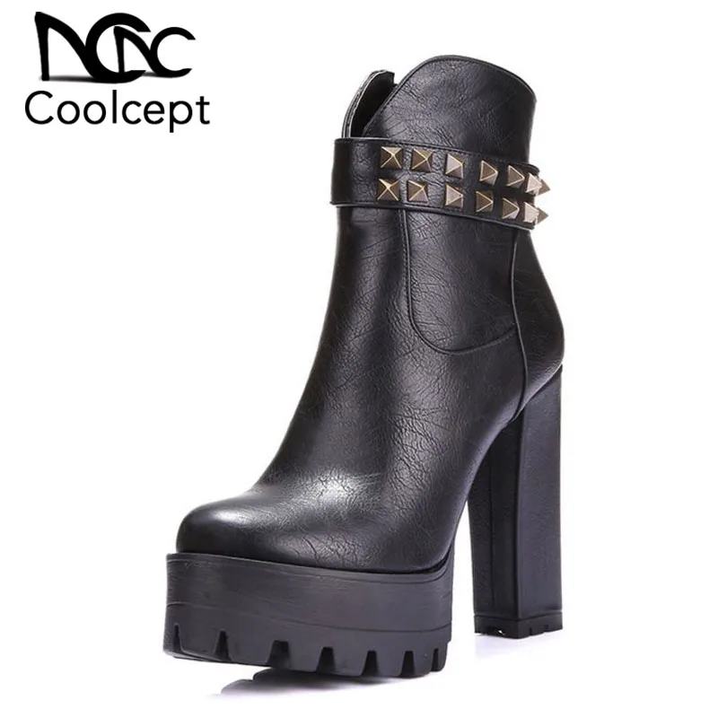 

Coolcept Retro Style Women Ankle Boots Thick Heels Rivets Winter Short Fur Zipper Platform Outdoor Mature Lady Boot Size 32-42