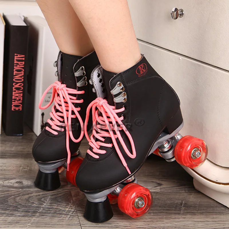 Black Roller Skates With Red Led Lighting Wheels Double Line Skates