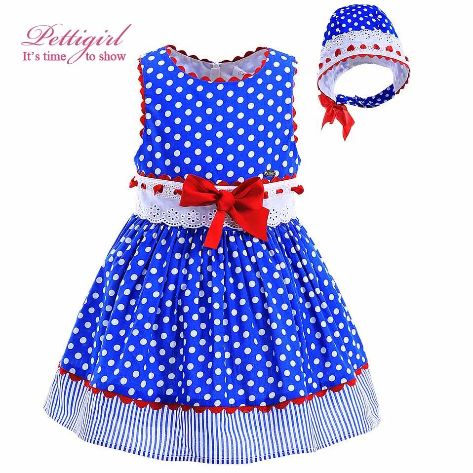 Pettigirl New Blue Polka Dot Baby Girl Dress Hand Made Lace With Red Bow Headband Toddler