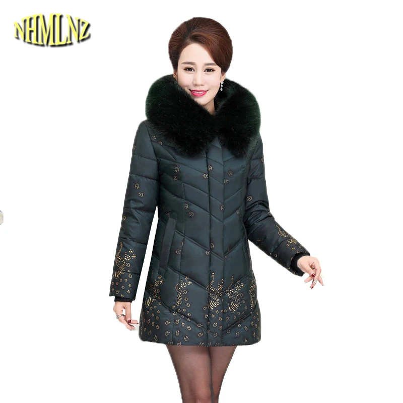 Large size 5XL Middle-aged Women's Cotton Jacket Print Loose Parkas Artificial Fur Collar Warm Coats Female Outwear DAN236