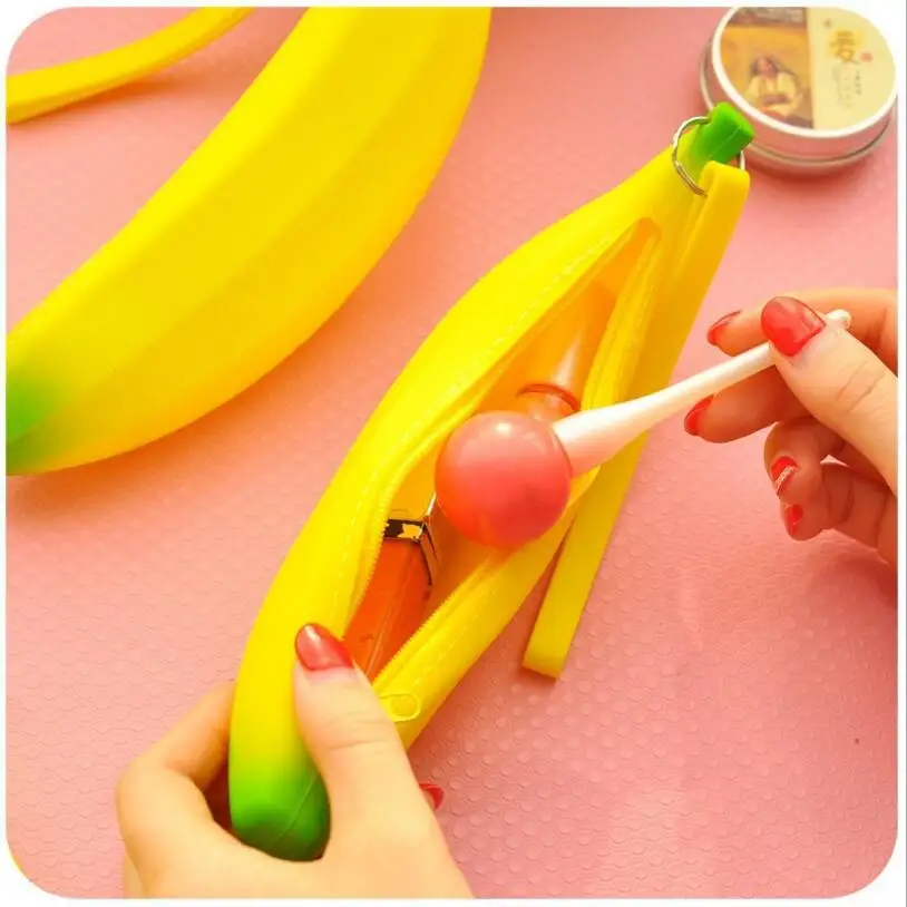 Kawaii Novelty Banana Coin Pencil Pen Case Purse Bag Portable Silicone Case Wallet Pouch Key Ring