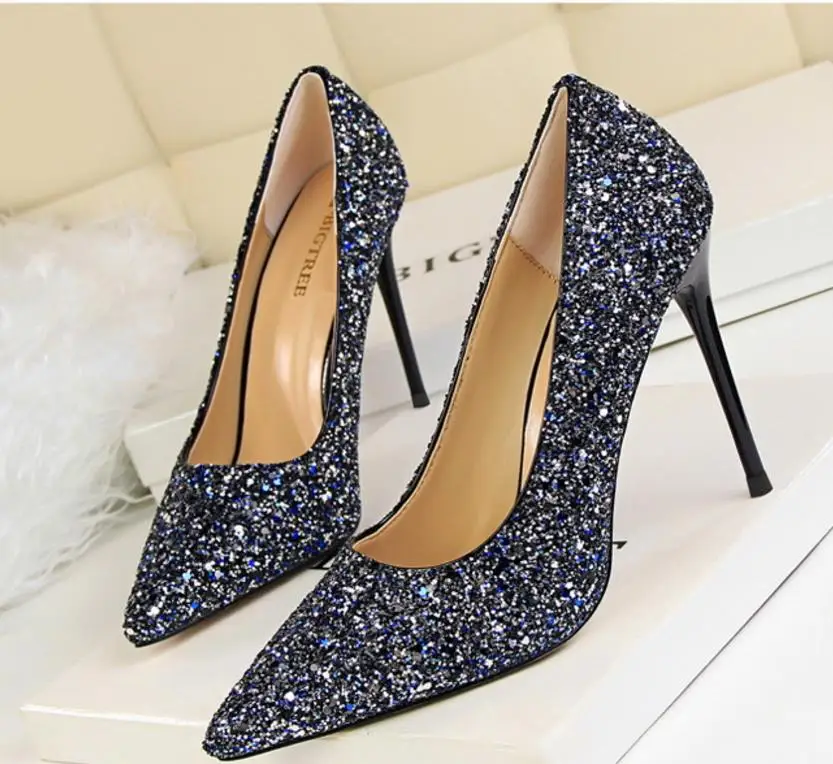 

Autumn spring grace woman shining sequins cloth high heel shoe lady pointed toe shallow single shoe girl's brilliant party pupms