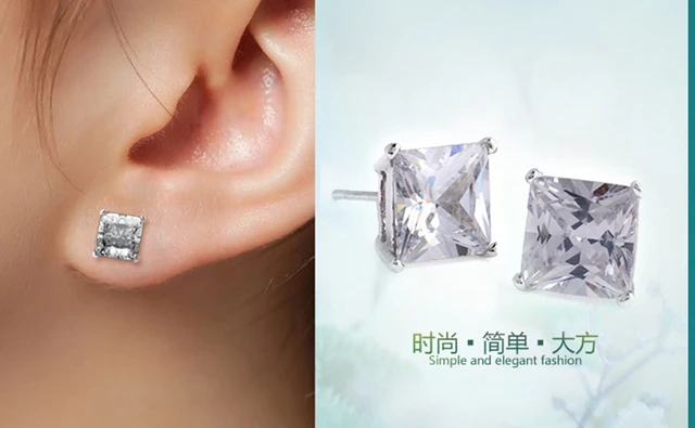 2 0ct White Gold Filled Princess Cut Earrings Men Stud 6mm 2 0ct White Gold Filled Princess Cut Earrings Men Stud 6mm