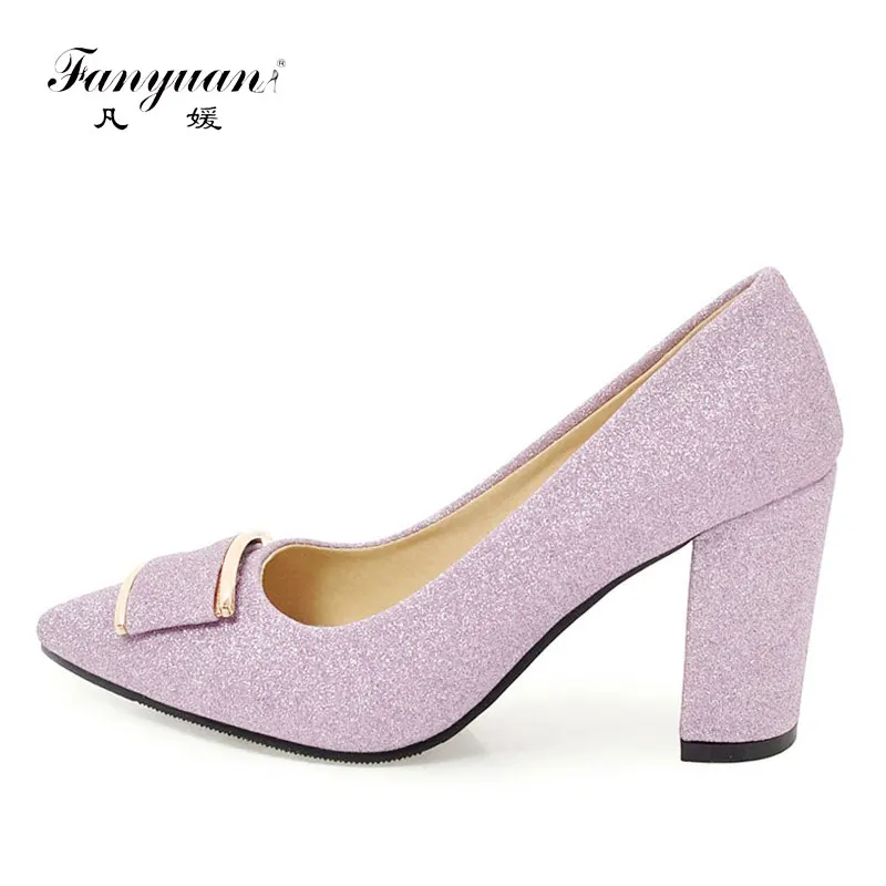 

fanyuan Brand new design high Thick heels shoes fashion Shallow Metal decoration beautiful Glitter Slip-on Nightclub lady pumps